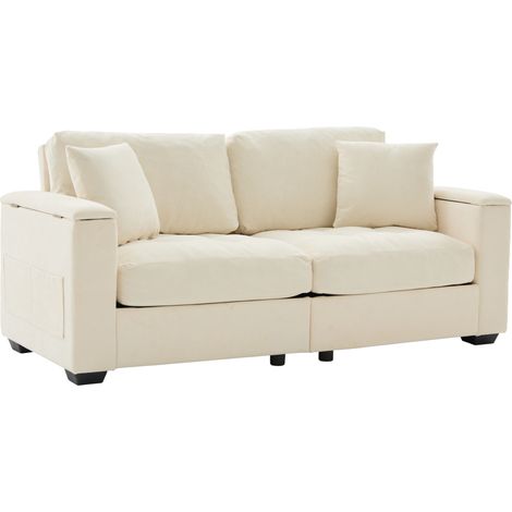 Sofá de 2 plazas de 180 cm beige con almacenamiento en los reposabrazos, tejido chenilla y 2 cojines (1/5)