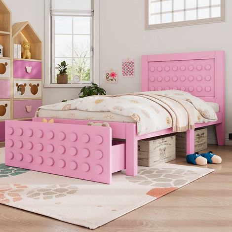 Lit enfant en bois 90x200 cm design blocs avec tiroirs - rose, sommier inclus, sans matelas (1/5)