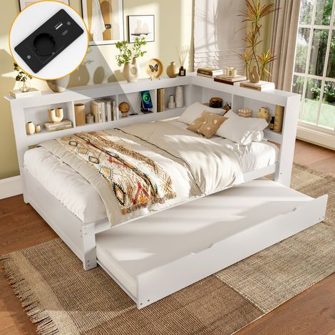 Banquette-lit gigogne 140x200 – Avec prise électrique et 2 ports USB – Sommier à lattes – Rangement tiroirs – Lit double aggloméré blanc (1/5)