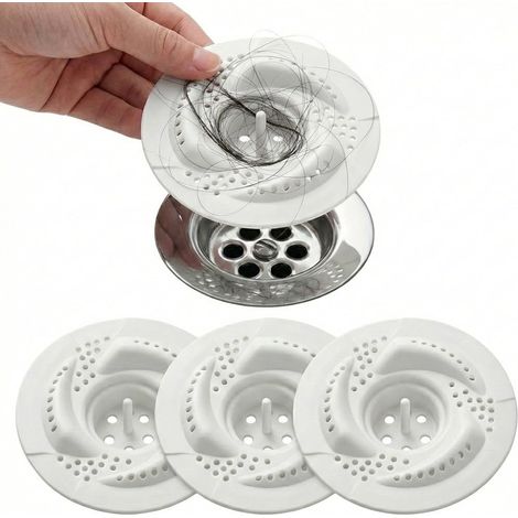 Lot de 4 Filtre Cheveux Douche & Évier Cuisine – Grille Douche Anti Cheveux avec Tige de Retrait – Attrape Cheveux Douche Universel (7.6cm) – Protection Siphon Anti-Déchets & Rouille – Blanc (1/5)