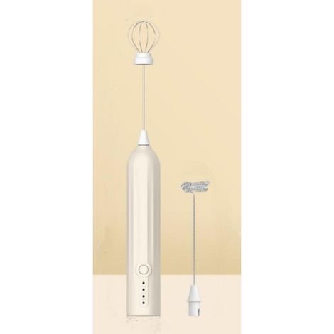 Mousseur à lait rechargeable, idéal pour préparer des boissons et battre des œufs — petit mixeur — blanc — livré avec deux têtes de mixage (1/5)