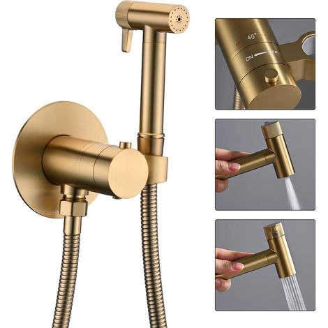 Kit Douchette WC Thermostatique, Or Brossé Douchette Laiton Toilette Douchette WC Kit Complet avec Pulvérisateur Double Fonction, 1.2m Tuyau de Douche (1/5)
