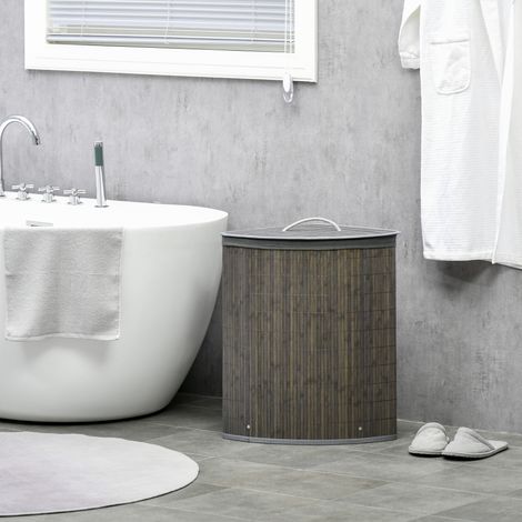 Panier à linge en bambou d'angle 55L avec couvercle et sac amovible 38 x 38 x 57 centimètres naturel