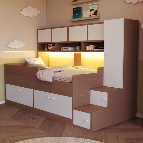 MEUBLIV Lit enfant mezzanine 90 x 200 cm avec rangements escalier de rangement armoire étagères LED et garde corps, bois naturel et blanc en MDF (1/5)