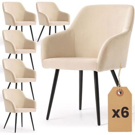 6er Set Glatte Velours Esszimmerstühle ESTELLE Beige mit schwarzen Beinen