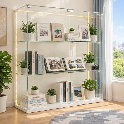 Vitrine verre trempé 78,5x35x123,3 cm, 3 étagères, double porte, éclairage LED, serrure de sécurité, base blanc