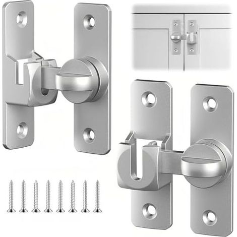 2 Paires Loquet Porte, 90°/180° Verrou Porte, Aluminium Verrou Porte Coulissante, Serrure Porte Coulissante avec 8 Vis, Argent, pour Portes, Fenêtres, Armoires (1/4)