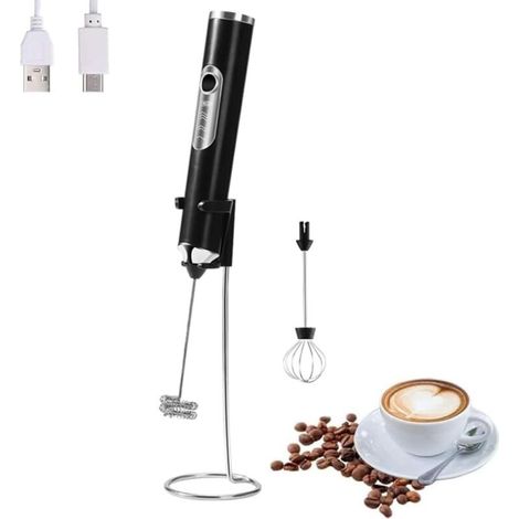 Mousseur à lait électrique portable 2 têtes, rechargeable USB, 3 vitesses, pour latte, cappuccino, chocolat, œufs, noir.
