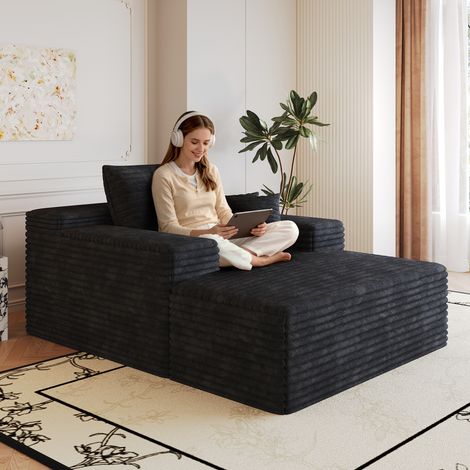 Neche Canapé lit au sol en velours côtelé,Sans structure rigide,Canapé de lecture compressé pour salon,159x115x59cm,Noir (1/5)