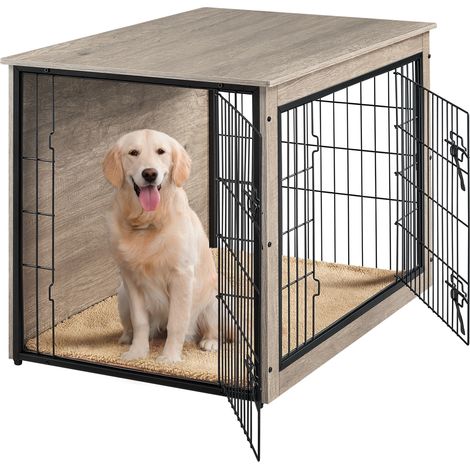 Homevive Jaula para Perros Casa para Mascotas con 2 Puerta Jaula Madera con Almahadilla Extraíble 96x65x67.5 cm Gris