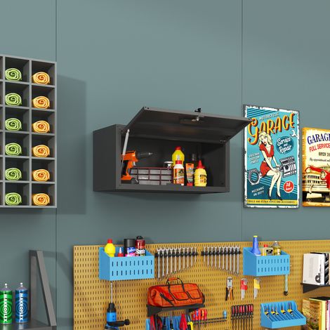 REDOM Armoire murale 75x30x34.5cm Rangement robuste métal ouverture hydraulique verrouillage noir (1/5)