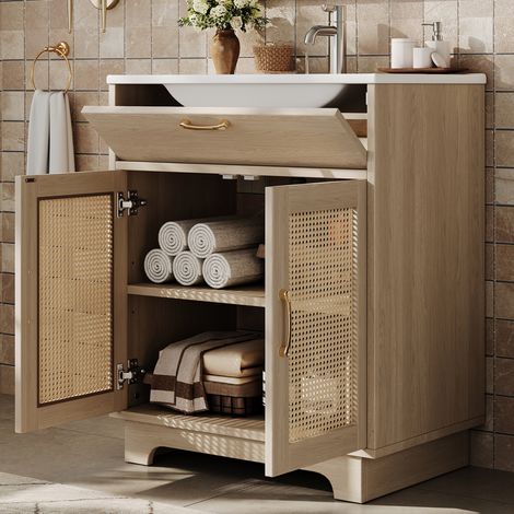 Meuble de Salle de Bain sur Pied 76x46x88 cm Style Naturel et Bohème - Meuble Salle de Bain avec Détails en Rotin et Lavabo Céramique - Tiroir Basculant et Portes Amorties