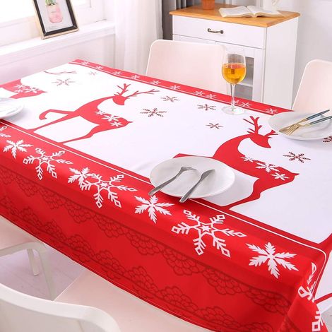 Nappe de Table pour Noël Rectangulaire en Polyester, Nappes Protection de Table Anti-Taches pour Fêtes Noël Salle à Manger Cuisine, Rouge Blanc 140180cm