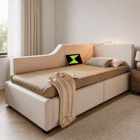 Letto da giorno 90x190 cm in velluto beige con contenitore, senza materasso – MEUBLIV (1/5)