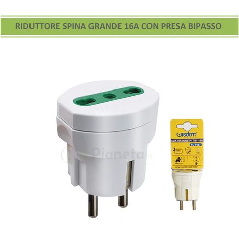 Adattatore riduttore spina grande 16A P17/11 2P/T con presa bipasso bivalente bianco (1/6)