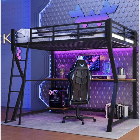 DESVIAE Lit mezzanine 90 x 200 cm avec bureau étagère pour ordinateur LED prise USB garde corps escalier noir Metal MDF (1/5)