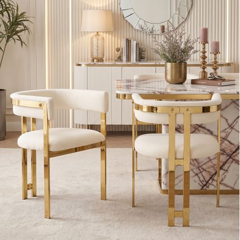 Set di 2 sedie da pranzo, schienale semicircolare a C, rivestimento in chenille, beige e oro (1/5)