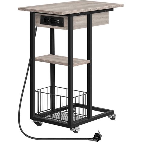 Table d'appoint avec Station de Charge, Table Basse en Forme de C, Table Basse avec roulettes et Plateau de Rangement, Table de Chevet pour Salon, Chambre à Coucher, Noir (1/5)