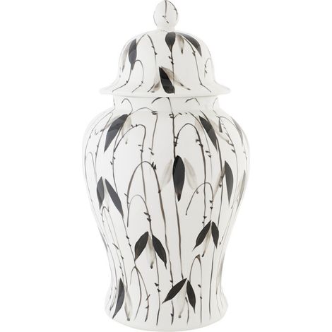 DKD Home Decor Porcelain Vase Black White Oriental Leaf (1/4)