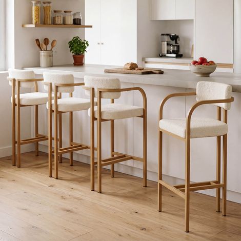 Juego de 4 taburetes de bar ESMA de metal efecto madera y tela bouclette con reposabrazos (1/5)