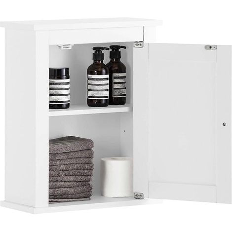SoBuy FRG203-W, Meuble de salle de bain mural blanc avec une porte et une étagère réglable, unité de rangement en MDF pour salle de bain : (1/4)