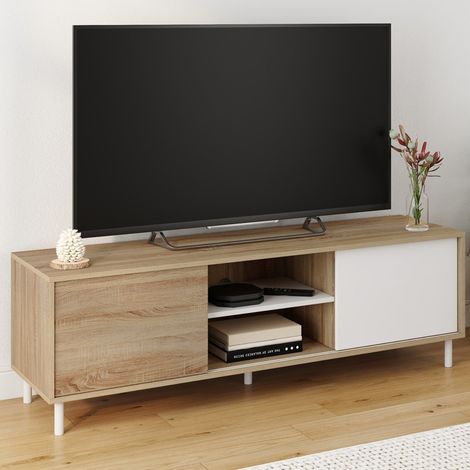 Mueble TV EASY 140 cm, montaje sin herramientas, 2 puertas correderas reversibles, efecto madera y blanco