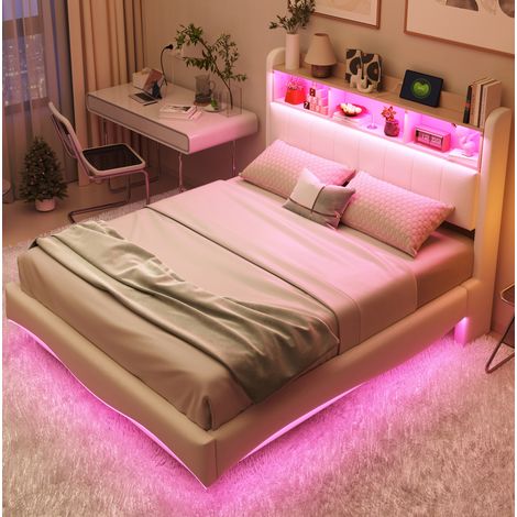 DESVIAE Lit rembourré flottant 140 x 200 cm avec LED à changement de couleur ports USB et USB C rangement en tête de lit tissu beige cadre en métal (1/5)