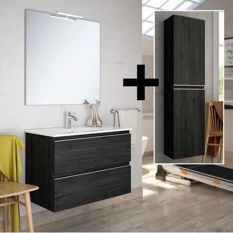 Ensemble meuble de salle de bain 70cm simple vasque + colonne de rangement - ebony (bois noir) - BALEA (1/5)
