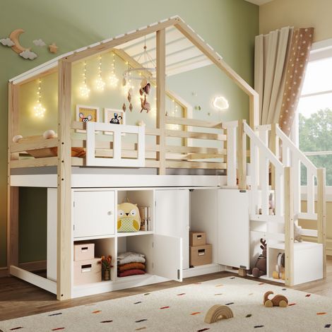 Letto rialzato bambino 90x200 cm a forma di casa con sponde di sicurezza, vani portaoggetti e scala, naturale e bianco, senza materasso (1/5)