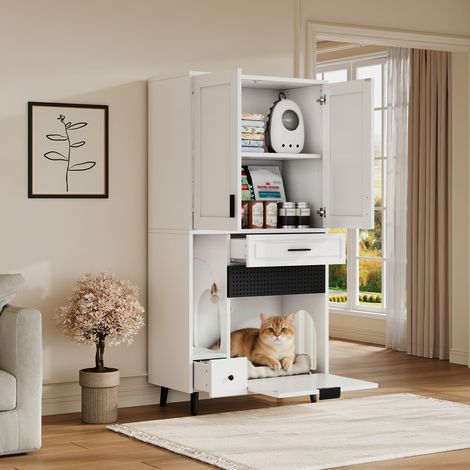 Meuble de rangement pour chat avec étagères amovibles, tiroirs, espace couchage, 120x40x80cm