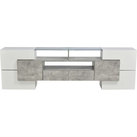 Meuble tv 200 cm blanc brillant avec led et surface en verre, design moderne et élégant