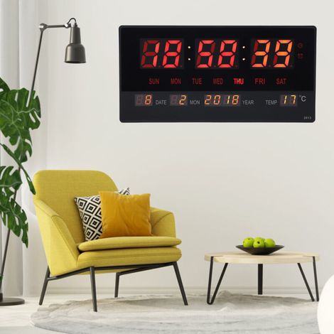 [Digitale LED-Uhr] Große Wanduhr mit Wecker und Temperaturanzeige, schwarzes ABS, 635 g, inkl. USB-Adapter