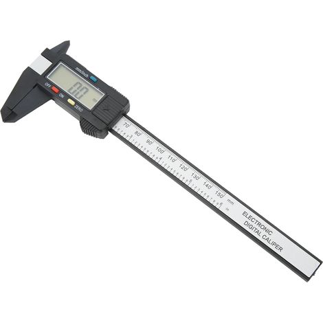 Elektronischer digitaler Messschieber (150 mm, 6 Zoll), LCD-Anzeige, schwarzes PA66-Messwerkzeug, Umrechnung Zoll/Millimeter (1/5)
