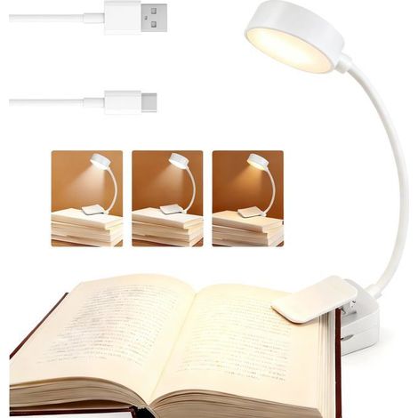 Lumière de lecture, Portable Liseuse Lampe Clip, Lampe de Table Réglable, 360° Cou,3 Températures de Couleur & Gradation(Blanc) (1/5)