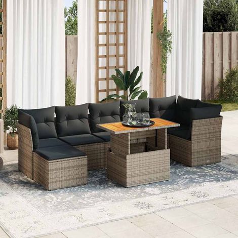 Salon de jardin 8 pièces en résine tressée gris avec coussins et table relevable, 75.4kg - PANGIVO (1/5)