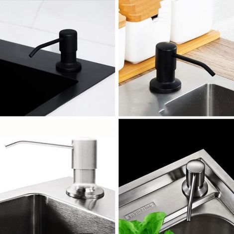 Distributeur de savon pour évier de cuisine, tête de pompe intégrée,tube d'extension de 1.2m,3 Bouchons Universels,Argent (1/4)