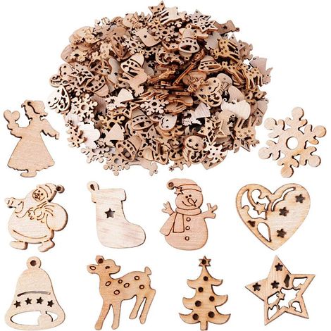 DOLASO 200 Stück Verzierungen, natürliche, gemeißelte Holzscheiben, Weihnachtsbaum, Tanne, Party, Hochzeit, Nähen, Basteln, DIY, Dekoration, manuell, Schneeflocken, Sterne, Scrapbooking (zufälliges Mu (1/5)