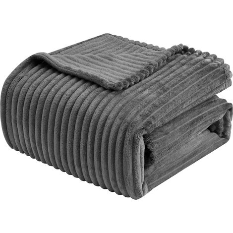 WOLTU Couverture en Flanelle 220x240 cm avec Rayures, Couverture Plaid Couverture Polaire, Jeté de Canapé, Couverture Moelleuse, Gris Foncé