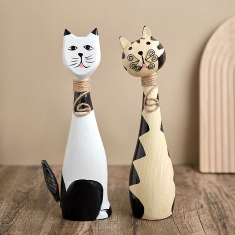 Figurines de chat en bois faites à la main (ensemble de deux pièces) – avec une langue qui dépasse et une queue à ressort. (1/5)