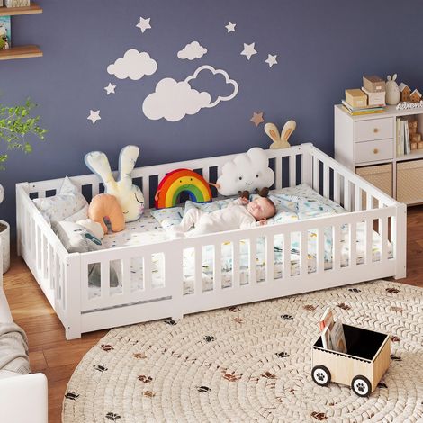 Montessori Lit de sol pour enfant 90x190 cm en Bois Massif Pin,Lit Caban avec Sommier à Lattes,Lit Simple 90x190 cm,Montessori Lit pour enfant en Bois Massif Pin,garçons et filles,Blanc