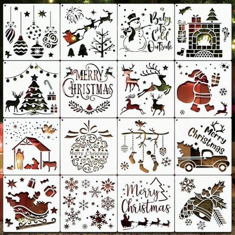16 Pièces Pochoirs Noël,Pochoirs Noël,15  15cm,Modèle de Peinture Noëls,DIY Pochoir de Dessin,Flocon Neige Pochoir POCHOIR CREATIF (1/5)