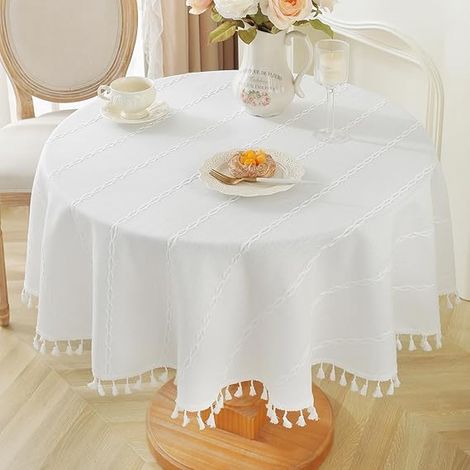 Nappe ronde en tissu texturé, broderie infroissable avec pompons, lavable en machine (blanche, ronde 55 pouces de diamètre) (1/5)