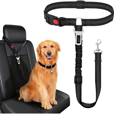 2 en 1 Ceinture Chien Voiture, einture Securite Chien Voiture Harnais pour Noir en Tissu élastique Réfléchissant en Nylon, Attache avec Crochet à Clip et Boucle, Mousqueton en Alliage (1/5)