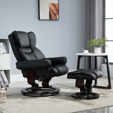 Fauteuil relax avec pouf repose-pieds fonction allongement pivotant charge 160 kg revêtement simili-cuir cadre métallique noir 80x79x100 cm, entretien simplifié (1/4)