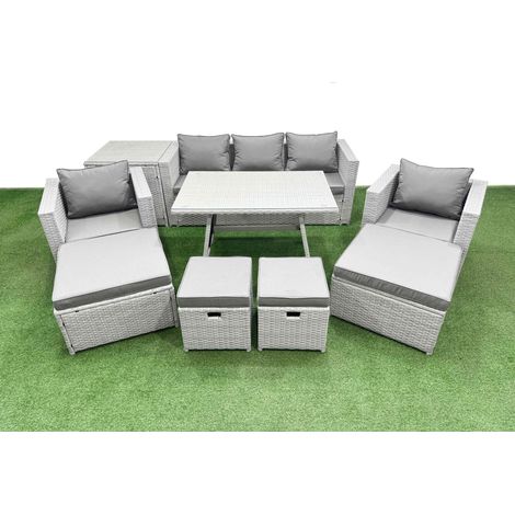 Fimous 9 Pieces Outdoor PE Rattan Sofa Armchair Set Patio Garden Furniture Sets with Cushions Side Table 4 Stools Light Grey (1/4)