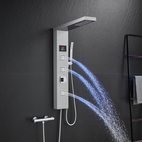 Panneau de douche LED sans robinet, panneau de douche 4 fonctions avec douche à effet pluie, 3 buses de massage, douchette à main et bec de baignoire, colonne de douche en acier inoxydable (1/5)