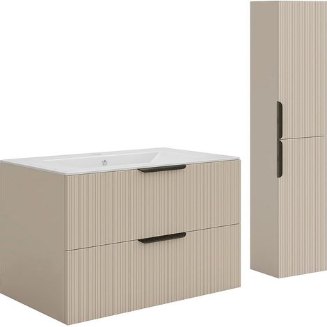 Mobile bagno sospeso con scanalature con lavabo ad incasso e colonna - Beige - 80 cm - DALIKO (1/4)