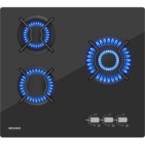 Wehimo Glas Gaskochfeld, IsEasy Gaskochfeld 3 Flammig mit Automatischer Thermoelementschutz, Einbau Gaskochfeld, 3 Zonen Gaskocher, Erdgas(20mbr)/Propangas(30/50mbr), Schwarz Glasherd (1/5)