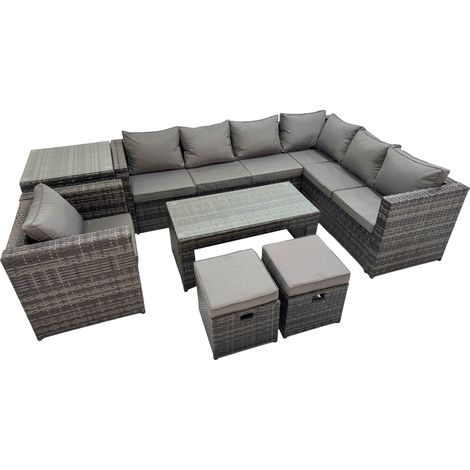 Fimous Outdoor Rattan Oblong Coffee Table Corner Sofa Sets Garden Furniture Set with Chair 2 Small Stools Side Table Dark Grey Mixed (1/5)