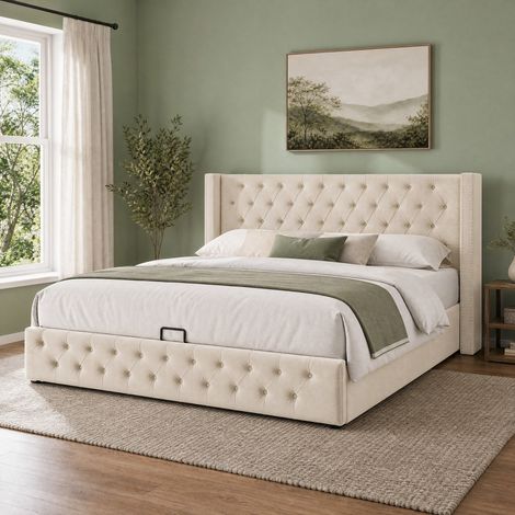lit coffre 160x200 velours beige hydraulique HAVRYA (1/5)